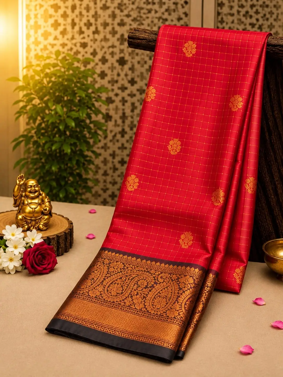 Checked Silk-Blend Soft Silk Rich Contrast Saree